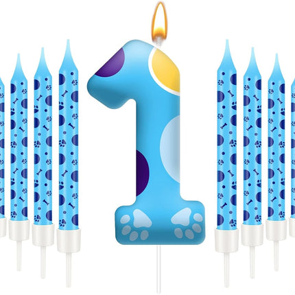 13PCS Blue Dog Paw Birthday Candles Set Cake Topper Numeral Birthday Candles for Boy Girl Dog Paw Decoration(Number 1)