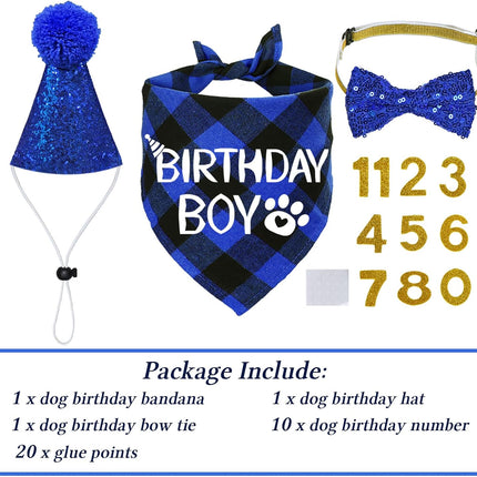 Multi Size Dog Birthday Hat & Bandana - Boy Bow Tie, Numbers, Blue