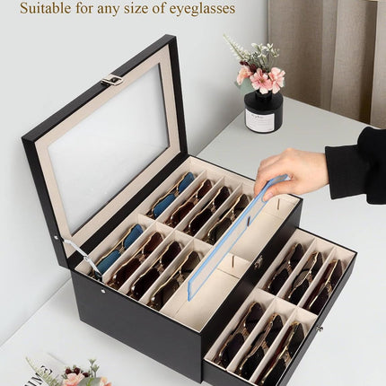 Sunglasses Storage Organizer Case with 24 Adjustable Slots, 2 Layer Multi Eyeglass Glasses Display Box with Lid Women