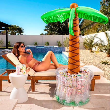 60" Inflatable Palm Tree Ice Chest Cooler,Luau Party Decorations,Summer Outdoor Drink Cooler with Drink Holder