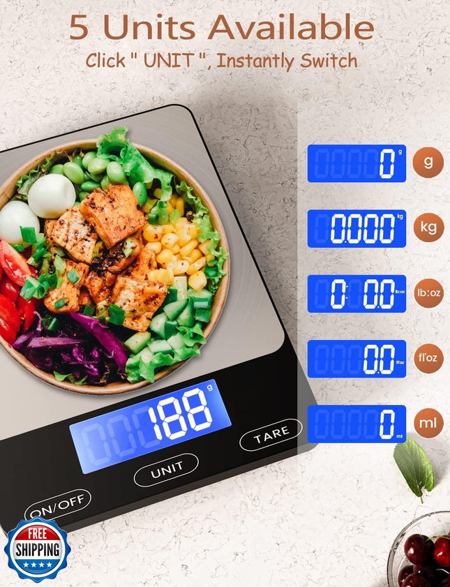 Food Scale -33Lb Digital Kitchen Scale for Food Ounces Grams Rechargeable 304