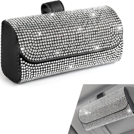 Bling Sunglasses Holder for Car Sun Visor, Rhinestone Auto Eyeglasses Mount Clip Organizer, Leather Sunvisor Sunglasses Storage Case, Universal Glasses Holder Clips for SUV, Sedan, Van (White)