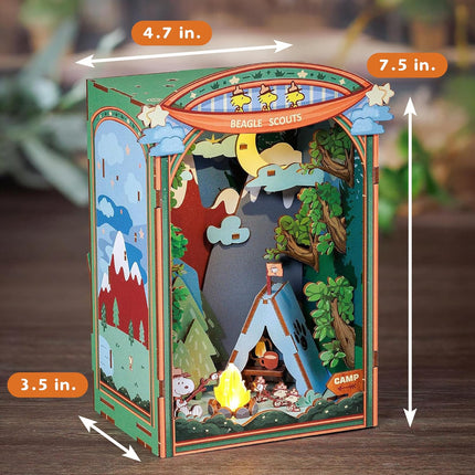 DIY Miniature Kit Book Nook - Snoopy'S Beagle Scouts Camp Scene | Detailed Light-Up Character Diorama Craft | Charming Puzzle Kit | Shelf Decor | Gift for Snoopy & Peanuts Fans