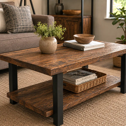Rundell Pomona Rustic Industrial Modern Vintage Metal and Solid Wood Coffee Table with Storage, Easy Assembly, Small Rectangle Coffee Table, 42 in X 24 in X 18 In