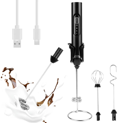 Rechargeable Milk Frother Handheld,3 Speeds Frother Wand with Stand, Coffee Frother for Coffee with 3 Stainless Whisks,Hand Mixer Electric Handheld for Lattes,Cappuccino,Matcha,Egg,Black
