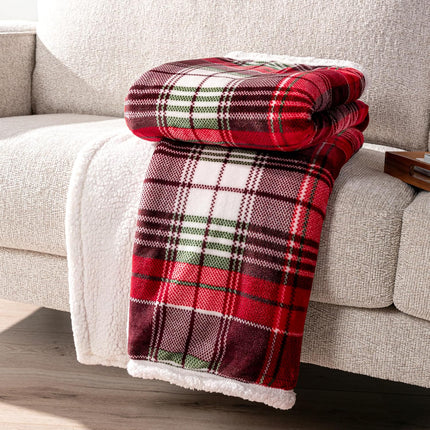 Red Green Christmas Plaid Sherpa Throw Blanket, Holiday Fleece Blanket 50" X 60", Soft Flannel Plush Throw for Couch, Sofa & Bed, Festive Winter Home Decor, Cozy