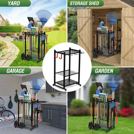 17-Inch Garden Tool Organizer with Storage Hooks, Yard Tool Rack for Garage Organization, Holds up to 50 Tools