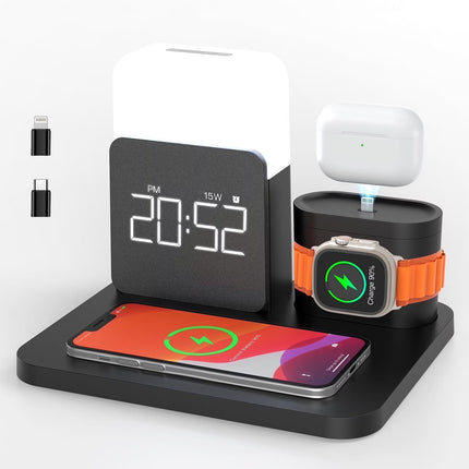 Wireless Charging Station 7 in 1 Compatible for Iphone 17/16/15/14/13/12 Pro Max, Apple Watch & Airpods with Alarm Clock, Night Light Black