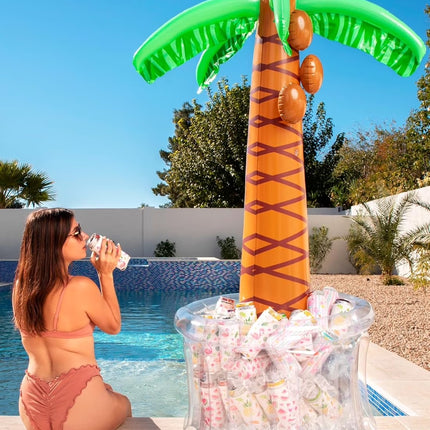 60" Inflatable Palm Tree Ice Chest Cooler,Luau Party Decorations,Summer Outdoor Drink Cooler with Drink Holder