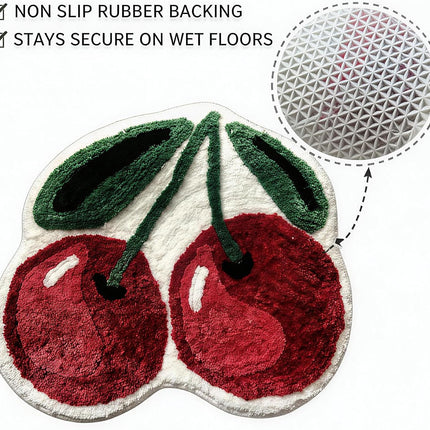 Cute Cherry Bath Mat, Non-Slip Absorbent Bath Mat Rug, Funny Cherry Bathroom Decor, Soft Flocked Bathroom Mat with Rubber Backing, 50X60Cm