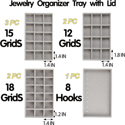 Set of 8 Stackable Jewelry Organizer Trays with 1 Lid for Drawer & Dresser Organizer, Adjustable Velvet Jewelry Box Tray Earring Organizer Necklace Storage Ring Bracelet Display Case (Gray)