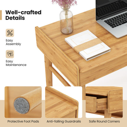 Bamboo Writing Desk with 2 Storage Drawers and Open Shelf