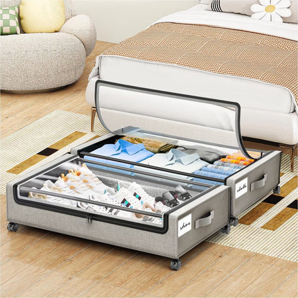 under Bed Storage with Wheels:2 Pack under the Bed Storage Bins, Collapsible under Bed Storage Bags for Clothes, Sheets,Shoes,Linen-Like Grey