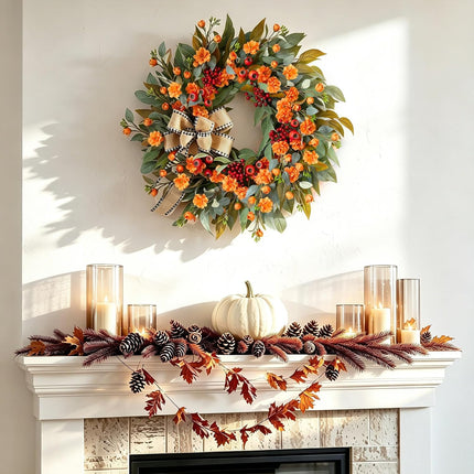 24 Inch Harvest Fall Wreaths for Front Door outside with Bow & Red Berries
