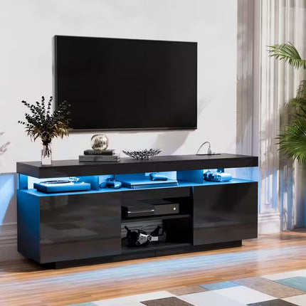 63.78 In. Modern Black TV Stand Fits Tvs up to 70 In. with RGB LED Light Strip and Outlets