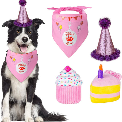 Dog Birthday Cake, Dog Birthday Party Supplies, 2PCS Squeaky Dog Toys, Puppy Birthday, Dog Gift Box with Birthday Bandana, Birthday Hat, Cute Dog Toys Large