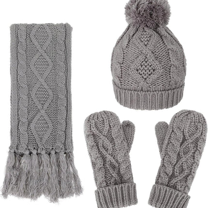 3 in 1 Women Soft Warm Thick Cable Knitted Hat Scarf & Gloves Winter Set