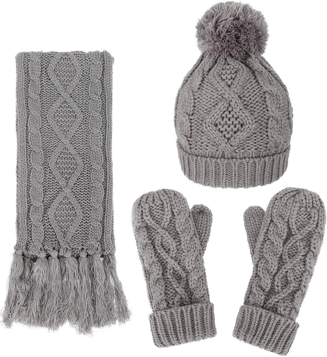 3 in 1 Women Soft Warm Thick Cable Knitted Hat Scarf & Gloves Winter Set