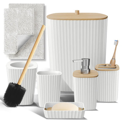 Complete 8 Piece Bathroom Accessory Set with Bamboo Accents, Trash Can, Toilet Brush & 2 Bath Rugs Included