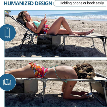 Tanning Chair with Face Hole, Adjustable Folding Chaise Lounge Chairs for outside with Detachable Pillow & Pocket，Portable Flat Beach Chairs for Sunbathing, Beach Lawns Camping (Deep Grey, Oversized)