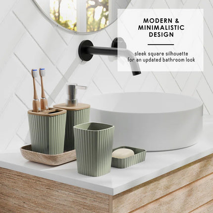 Complete 6 Piece Bathroom Accessory Set with Bamboo Accents, Trash Can & Toilet Brush Included