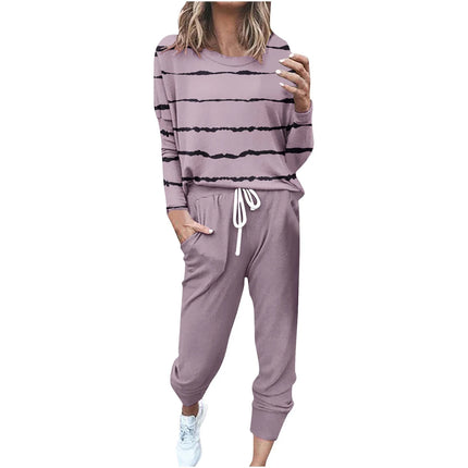 Two Piece Outfits for Women Jogging Suits Casual Striped Printed Long Sleeve Sweatsuits Jogger Pants Workout Athletic Tracksuits with Pockets