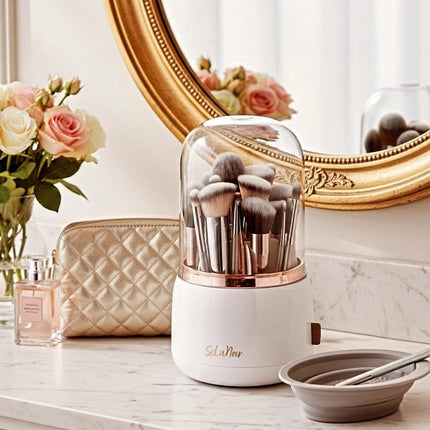 Rotating Makeup Brush Holder with Lid Dustproof Vanity Organizer for Makeup Brushes, Bonus Foldable Makeup Brush Cleaner Bowl Included