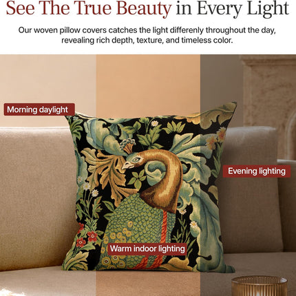 William Morris Black Peacock Woven Tapestry Throw Pillow Cover 18 X 18 In