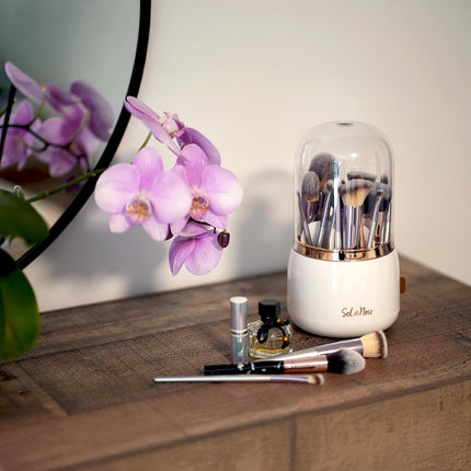Rotating Makeup Brush Holder with Lid Dustproof Vanity Organizer for Makeup Brushes, Bonus Foldable Makeup Brush Cleaner Bowl Included