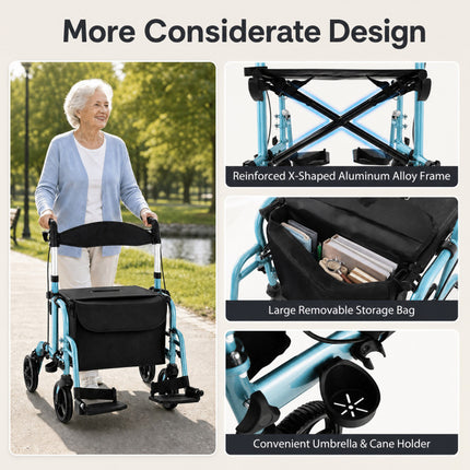 2 in 1 Rollator Walker Aluminum Walking Aid Assistant with Storage Space