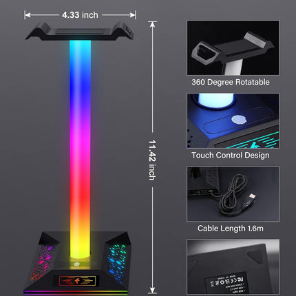 Headphone Stand Gaming Headset Holder RGB PC Gaming Accessories for Desk, Cool LED Headset Stand with 2 USB Charger for Gamer, Black