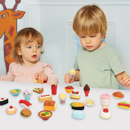 24 Pcs Mini Food Erasers, 3D Fruit Cake Dessert Pencil Erasers, Take Apart Puzzle Eraser Bulk for Classroom Prizes, Gifts Supplies, Back to School Party Party Favors