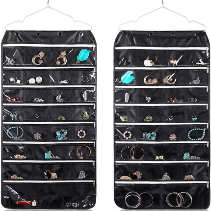 Hanging Jewelry Organizer with Zippered Pockets - (1 Pack) Black Closet Jewelry Organizer Storage with Hanger, 56 Pockets Dual Sided Earring Organizer Hanging for Bracelets, Watches, Ring