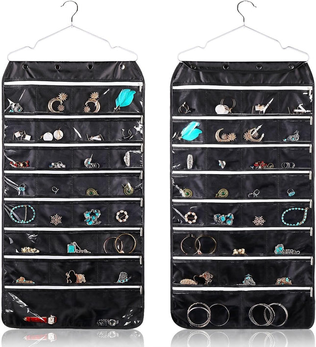 Hanging Jewelry Organizer with Zippered Pockets - (1 Pack) Black Closet Jewelry Organizer Storage with Hanger, 56 Pockets Dual Sided Earring Organizer Hanging for Bracelets, Watches, Ring