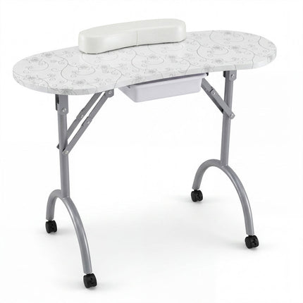 Foldable Portable Manicure Table with Drawer Casters and Cushion