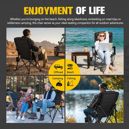 Folding Camping Chair, Oversized with Padded Cushion, Outdoor Chair with Cup Holder Storage Pockets, Adjustable High Backrest Supports 450 LBS for Beach, Fishing, Overland Trips