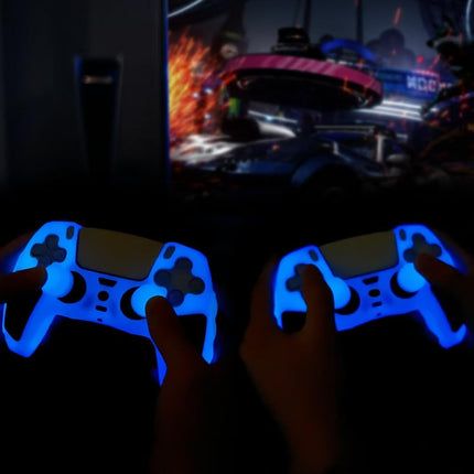 Glow in the Dark PS5 Controller Skin,Blue anti Slip Soft Thicked Studded Silicone Cover Skins Compatible with PS5 Controller,Include 8 PCS Blue Thumb Grips Glow and 2 Cat Paw Grips Accessories.