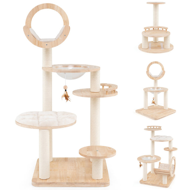 4-In-1 Large Wooden Cat Tower with Space Capsule Nest for Indoor Cats