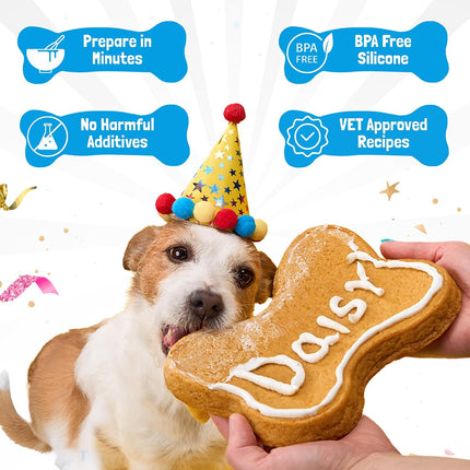 Dog Birthday Cake Kit - Bake Birthday Cakes for Dogs - Dog Party Supplies Set with - Large Cake Mold, 3 Vet-Backed Cake Recipes, 2 Drawing Pens, 10 Balloons, Birthday Hat & Bow