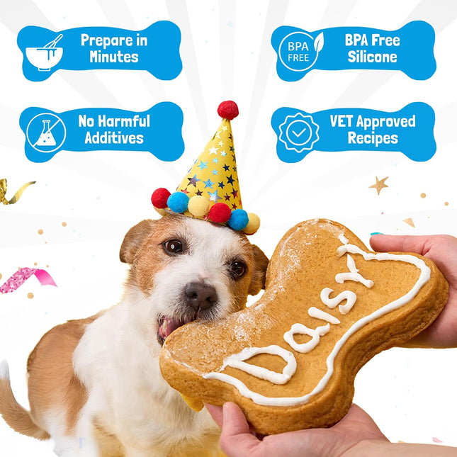 Dog Birthday Cake Kit - Bake Birthday Cakes for Dogs - Dog Party Supplies Set with - Large Cake Mold, 3 Vet-Backed Cake Recipes, 2 Drawing Pens, 10 Balloons, Birthday Hat & Bow