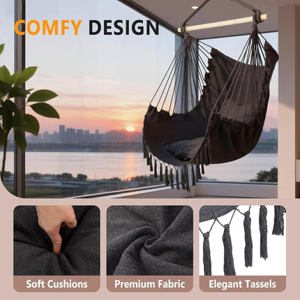 XXL Macrame Hammock Chair - Comfortable Indoor/Outdoor Swing with Drink Holder