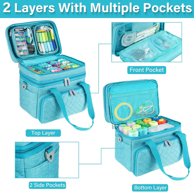 Double Layer Sewing Organizer Bag with Shoulder Strap, Blue