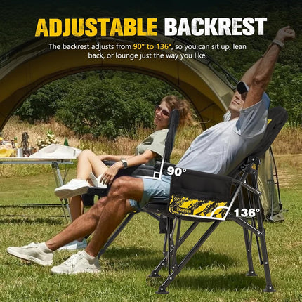 Folding Camping Chair, Oversized with Padded Cushion, Outdoor Chair with Cup Holder Storage Pockets, Adjustable High Backrest Supports 450 LBS for Beach, Fishing, Overland Trips