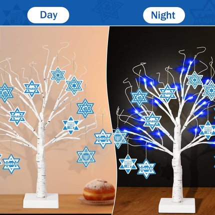 [Timer] 24'' Hanukkah LED Lighted Birch Tree with 12Pcs Ornaments,8 Lighting Modes Blue Lights Tabletop Pre Lit Tree Light for Christmas Hanukkah Decor