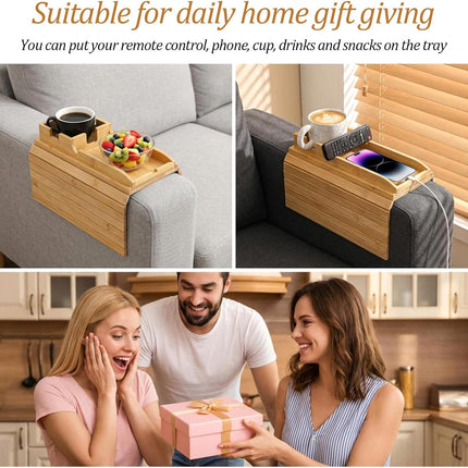 1Pc Bamboo Couch Cup Holder Tray, 4.7X12.6Inch Couch Armrest Table 3 in 1 Anti-Slip Sofa Armchair Caddy Table Couchs Arm Tray with Detachable Cup Holder Foldable Sofas Trays for Drinks Cellphone