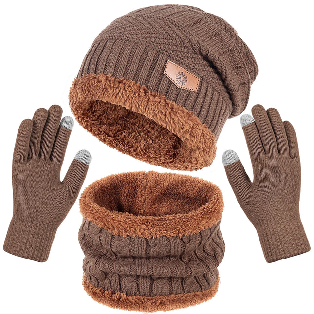 Men'S Winter Beanie Hat Scarf and Touch Screen Gloves Set for Women,Brown
