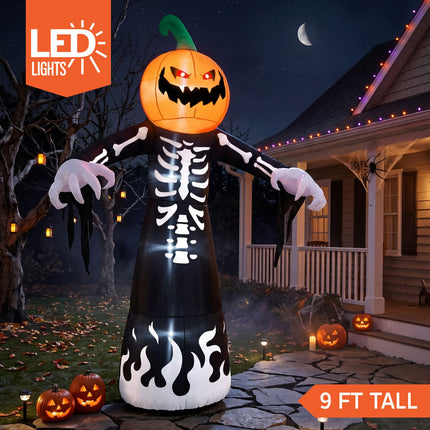 9 Ft Halloween Inflatables Pumpkin Skeleton Decorations with Built-In LED Lights,Large Blow up Decoration for Yard Lawn Garden Indoor Outdoor, Pumpkin Skeleton Inflatable Decoration