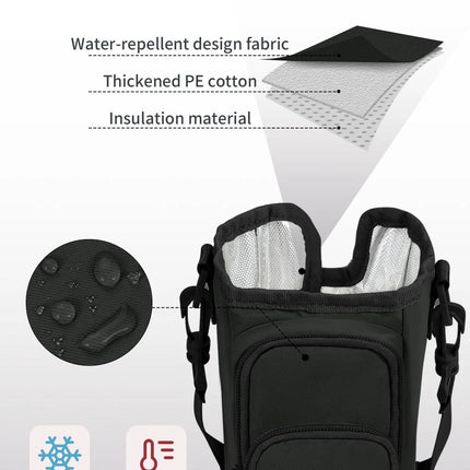 Insulated Water Bottle Carrier Bag with Strap & Handle for 30Oz 40Oz Tumbler Cup Holder Pouch with Phone Pocket & Straw Cover, Black