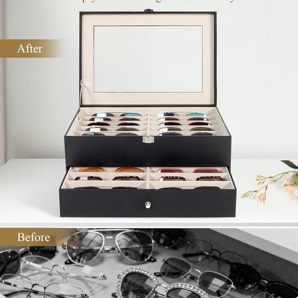 Sunglasses Storage Organizer Case with 24 Adjustable Slots, 2 Layer Multi Eyeglass Glasses Display Box with Lid Women