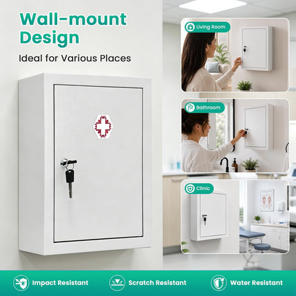 Metal Locking Wall-Mounted Medicine Cabinet, Bathroom Medicine Cabinet Organizer with 3 Compartments & 2 Door Storage Bins, First Aid Cabinet for Home Bathroom Office, Weekly Pill Organizer Included